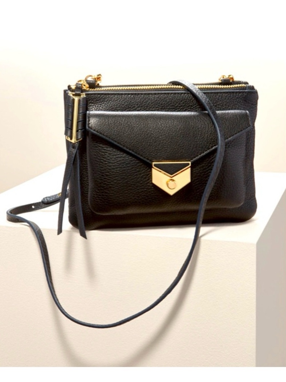 Stella & Dot Black Leather Crossbody with Gold Accent Lock